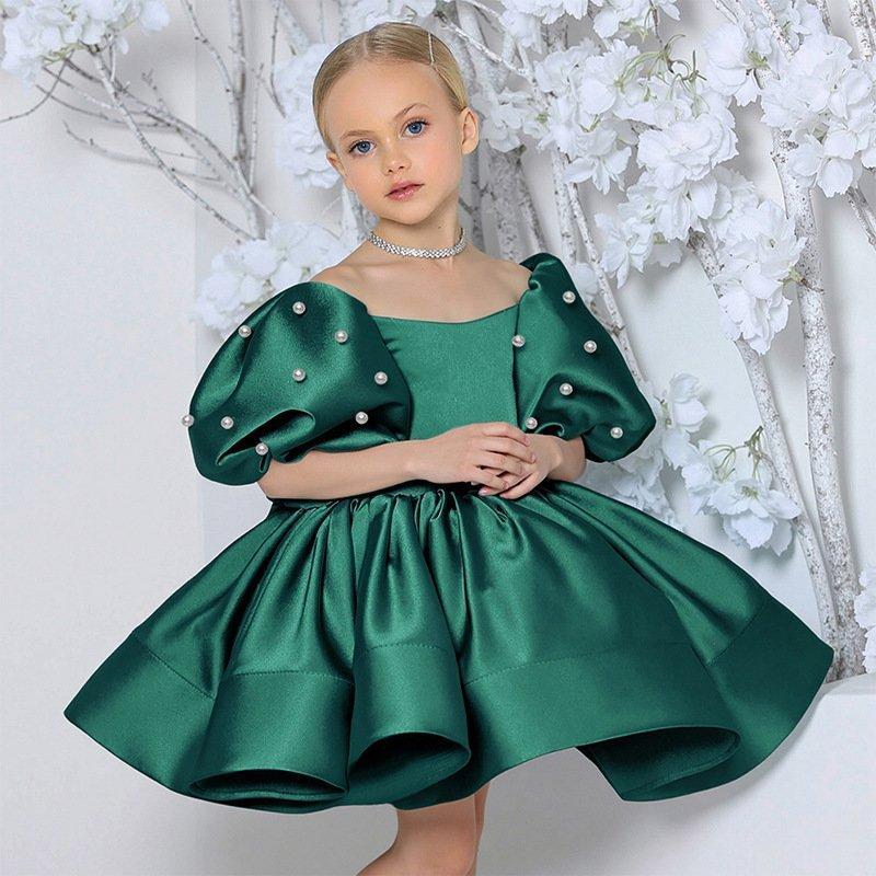Children's Fashion Show Evening Gown, White Fluffy Silk Princess Dress, Small Host Performance Costume