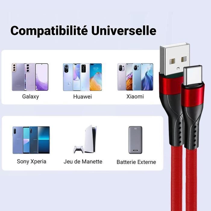 Câble USB-C Rapide 3A pour Xiaomi Redmi 13C 14C Note 14 13 - Nylon Slim 1M Rouge