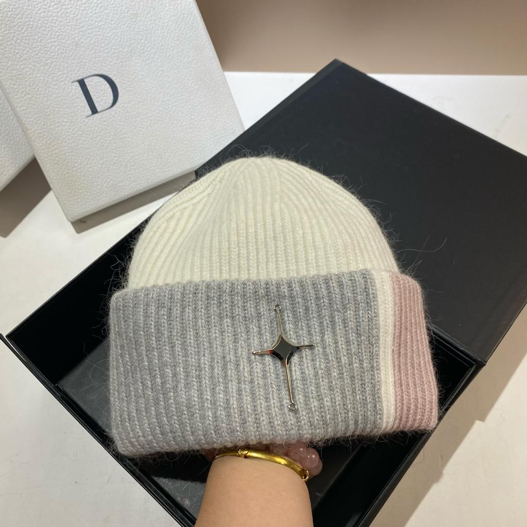 Winter warm double fold rabbit fur knitted hat sweet cross mark contrasting color wool pullover hat large version headgear