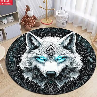 Mystical Blue Wolf Round Area Rug Fantasy Sky Feather Star Print Soft Non-Slip Carpet for Living Room Bedroom Kids Playroom