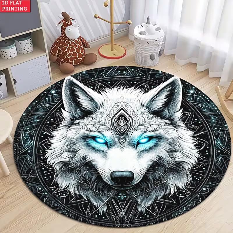 Mystický Modrý Vlk Kulatý Koberec do Obývacího Pokojíku Fantasy Obloha s Pírkem a Hvězdami Měkký Protiskluzový Koberec pro Obývací Pokoj Ložnici Dětský Herní Koutek