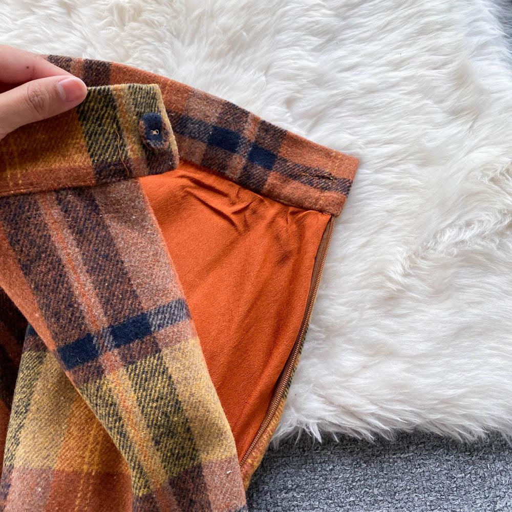 Dámske jeseň zima nová móda pletený sveter s dlhým rukávom topy kockované vlnené sukne dvojdielne súpravy