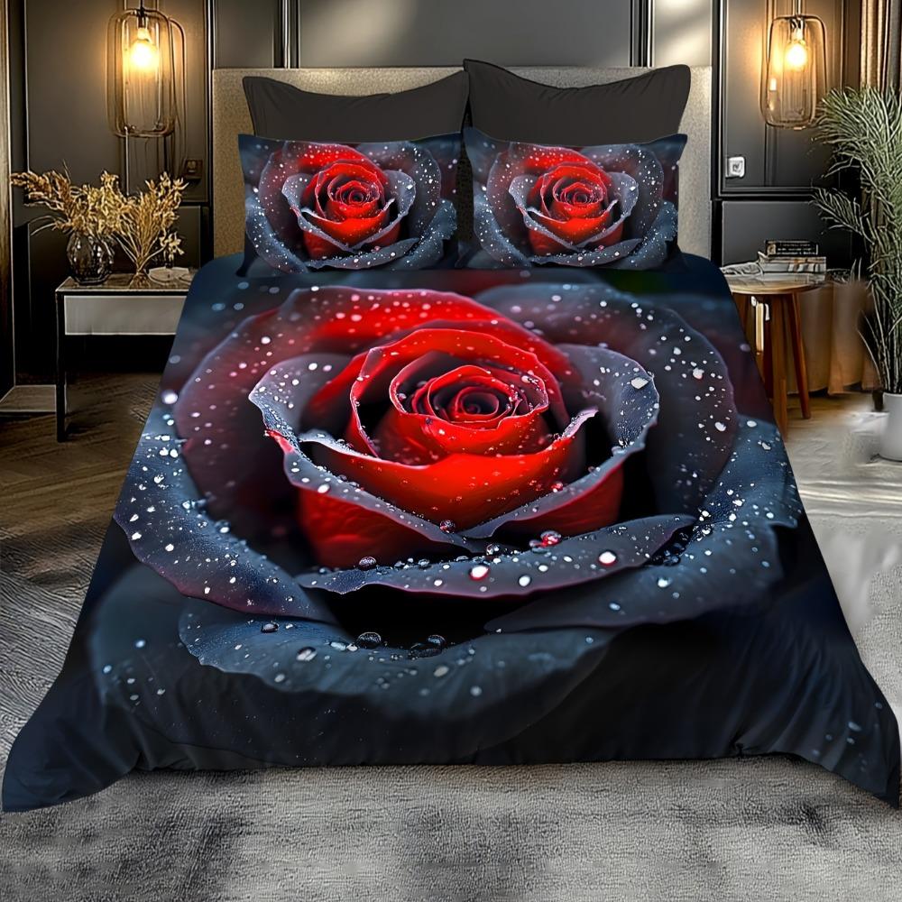 3pcs Bedding Set Black Red Romantic Rose 3D Printed Cozy Duvet Cover Set King Queen Twin Single Size Birthday Gift Bedroom Decor
