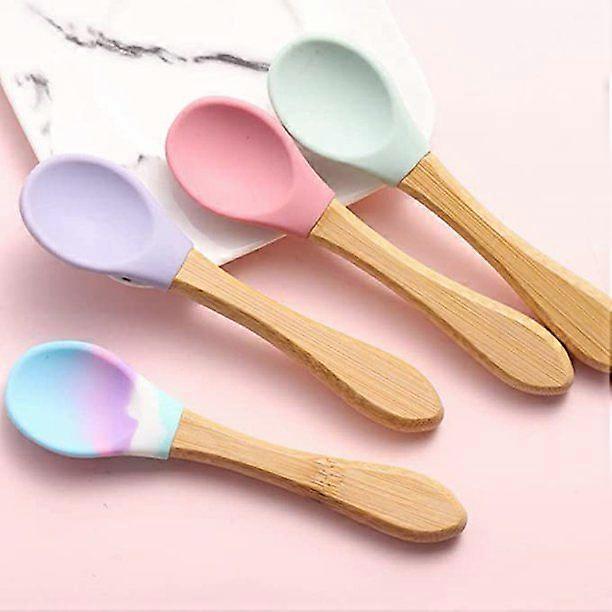 Baby Food Bowl Baby Bowl Spoon Set Children Feeding Tableware Training Eating Bowl Silicone Baby Supplies-Baby Bowl Purple Bamboo Handle Spoon