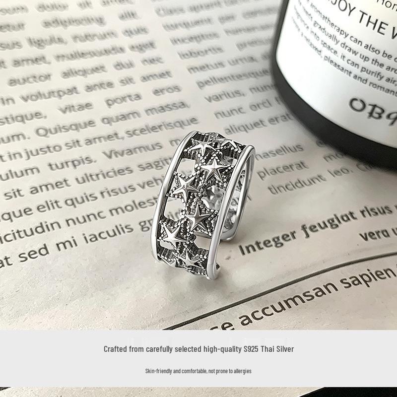 Women's 925 Silver Korean-Style Hollow Star Index Finger Ring - Fashionable Vintage European American Design