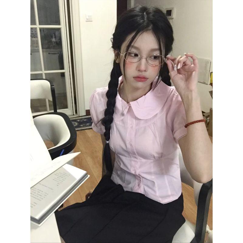 

Корейская серия Сладкие облегающие талию Розовые футболки с коротким рукавом Женские Летние Новые Дизайн в стиле преппи Французский стиль Чувство дизайна Маленький мужской топ Pink S