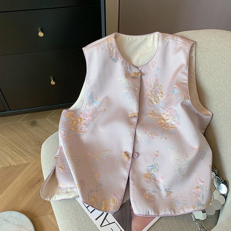 

Улучшенный повседневный универсальный жаккардовый жилет женский новый тканый золотой круглый вырез застежка-диск жилет XXXL [Recommended 138-75kg] розовый