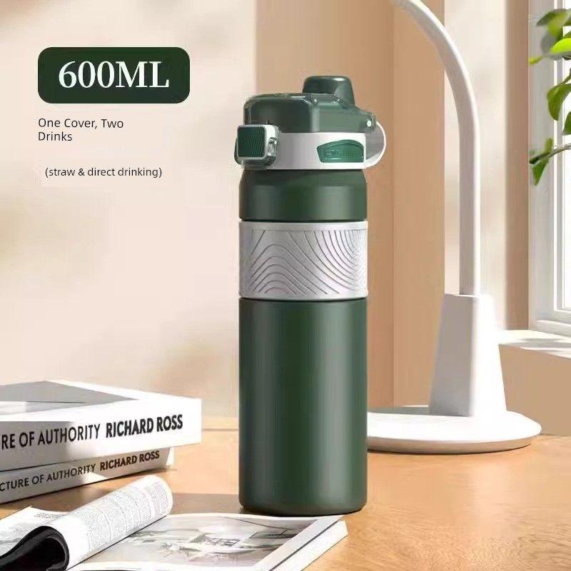 Large-Capacity Thermos Cup with Double Drinking Mouth and Straw, 316 Stainless Steel, Outdoor Portable Cup for Boys and Girls Going To School