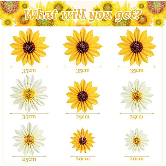 9 Pcs Paper Flowers,Paper Fans Party Decorations Sunflower Daisy Floral Backdrop Flower Party Decorations for Wedding, Home, Garden Decoration(Yellow