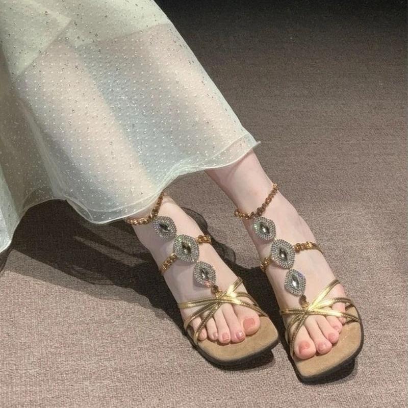 2025 Women's Fashion Sandals Fine Heel Open Toe Square Head Cross Thin Strap Flash Diamonds High Heels Comfortable Buckle Shoes