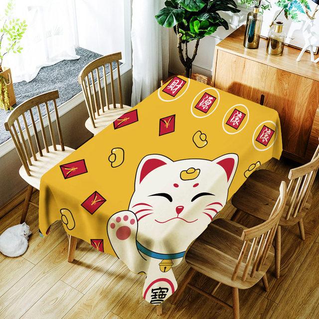 Japanese Waterproof Polyester Tablecloth Cartoon Lucky Cat Fish Print Wedding Party Table Cover Durable Washable 40 X 40CM