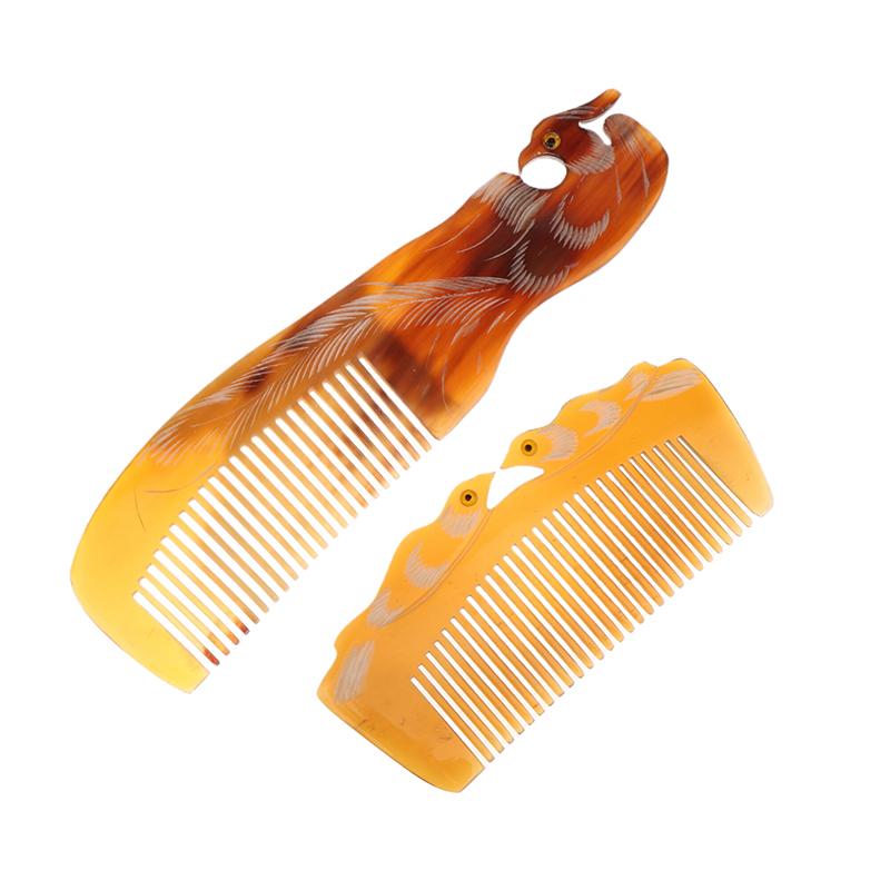 Natural Ox Horn Comb Anti Static Buffalo Combs Mandarin Duck Phoenix Carving Professional Detangling Massage Fine Tooth Comb