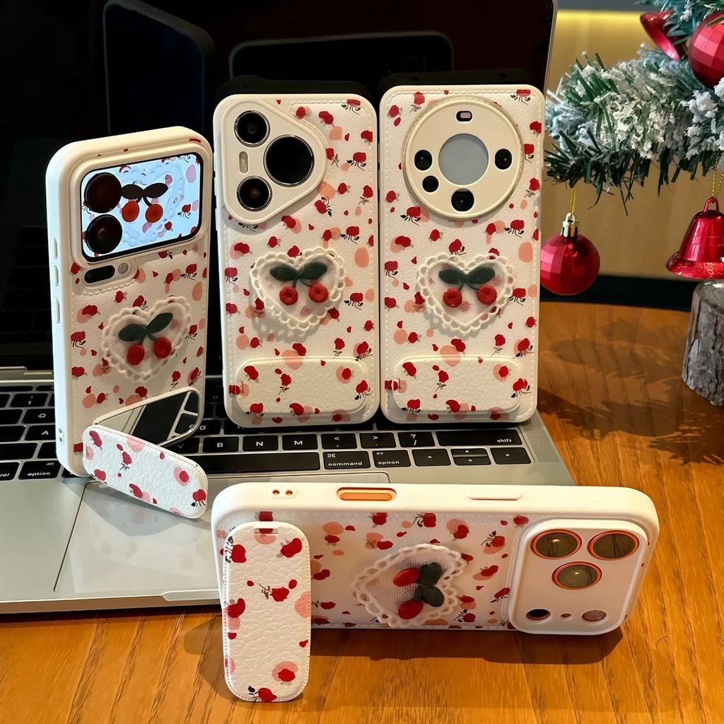 Embroidered love cherry bracket is suitable for Apple 16/17Pro mobile phone case IP15 candy air cushion 14 all-inclusive 13 women