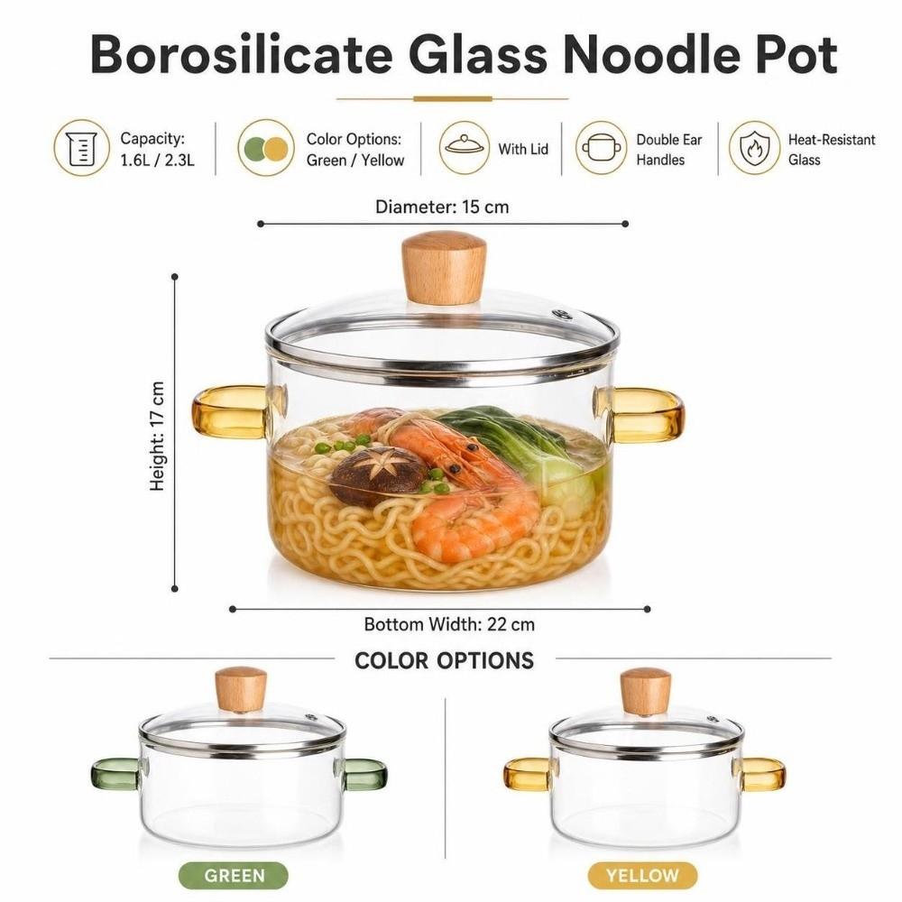 Heat Resistant Household Glass Saucepan 1.6/2.3L Noodle Bowl Glass Soup Pot  Kitchen Tools