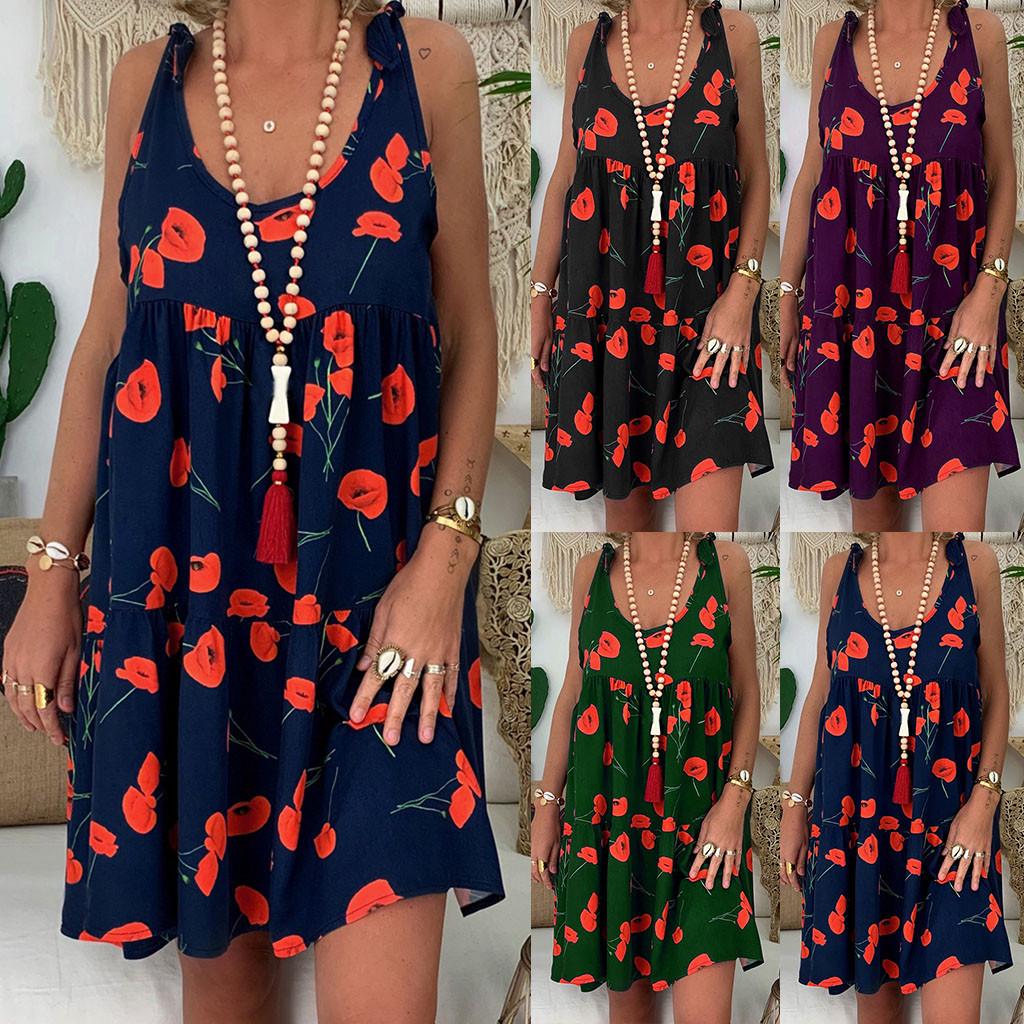 

Женское свободное мини-платье без рукавов с цветочным принтом, летнее платье