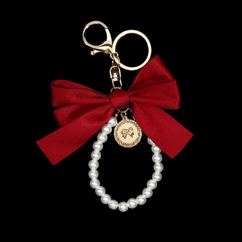 1PC Women Elegant Simulated Pearl Bow Wristlet Keychain Cute Aesthetic Bead Keychains Bag Charms for Handbags