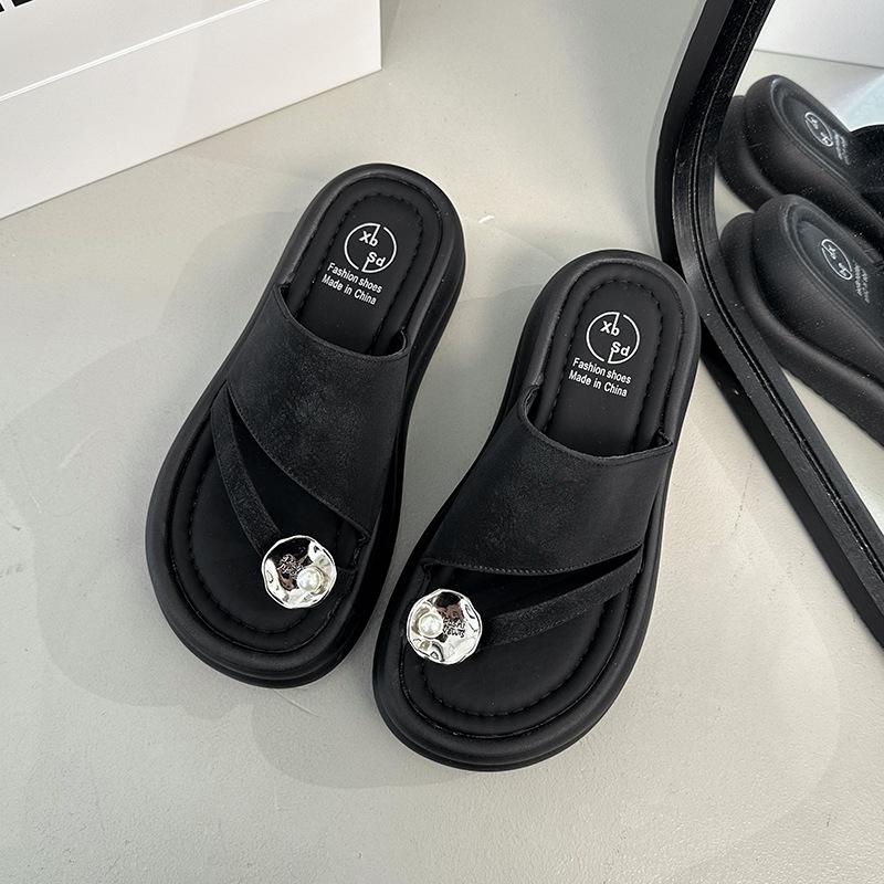 

Thick-soled height-increasing silver toe slippers women s summer wear new one-word cool slippers casual fashion slippers 35 чёрный