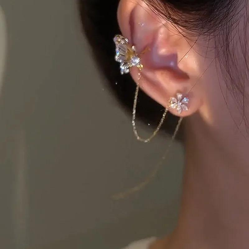 

New Fashion Cute Crystal Butterfly Ear Cuff Clip Earrings for Women Charm Tassel Chain Flower Stud Earring Bride Luxury Jewelry