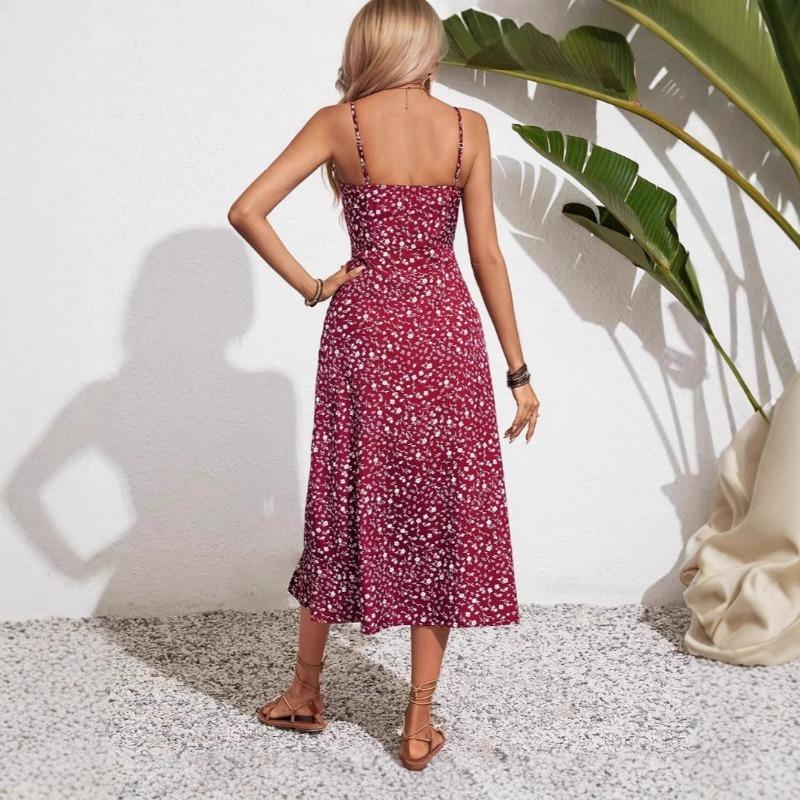 Women Floral Spaghetti Straps Waist Tie Split Dresses