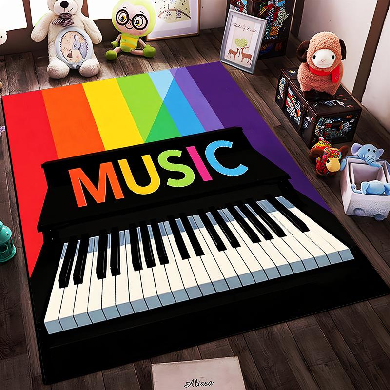 Rainbow Piano Keyboard Carpet with "MUSIC" Text Design, Modern Decor Suitable for use as an anti-slip for living room bedroom sofas