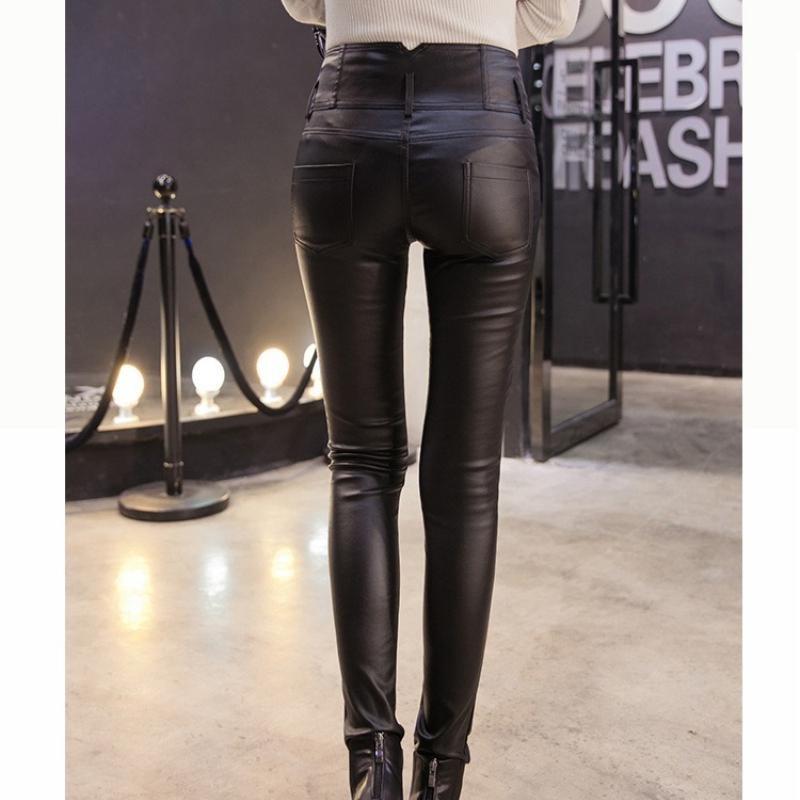 Pantaloni Skinny Invernali da Donna in Ecopelle PU Neri Caldi Leggings in Velluto a Vita Alta per Indossare all'Aperto