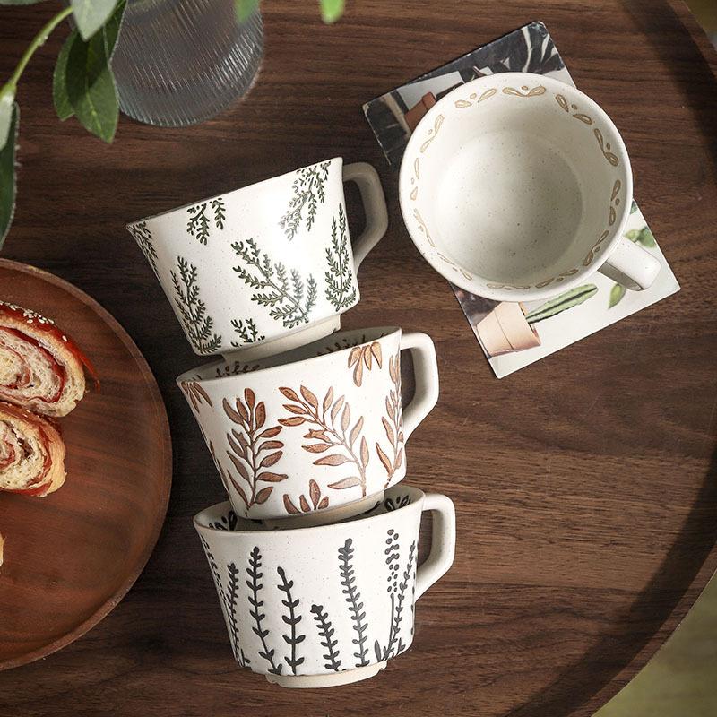 350ML Ceramic Coffee Mug Large Porcelain Tea Mug Leaf Pattern Ceramic Cup Breakfast Milk Juice Cup Home Office Water Cup