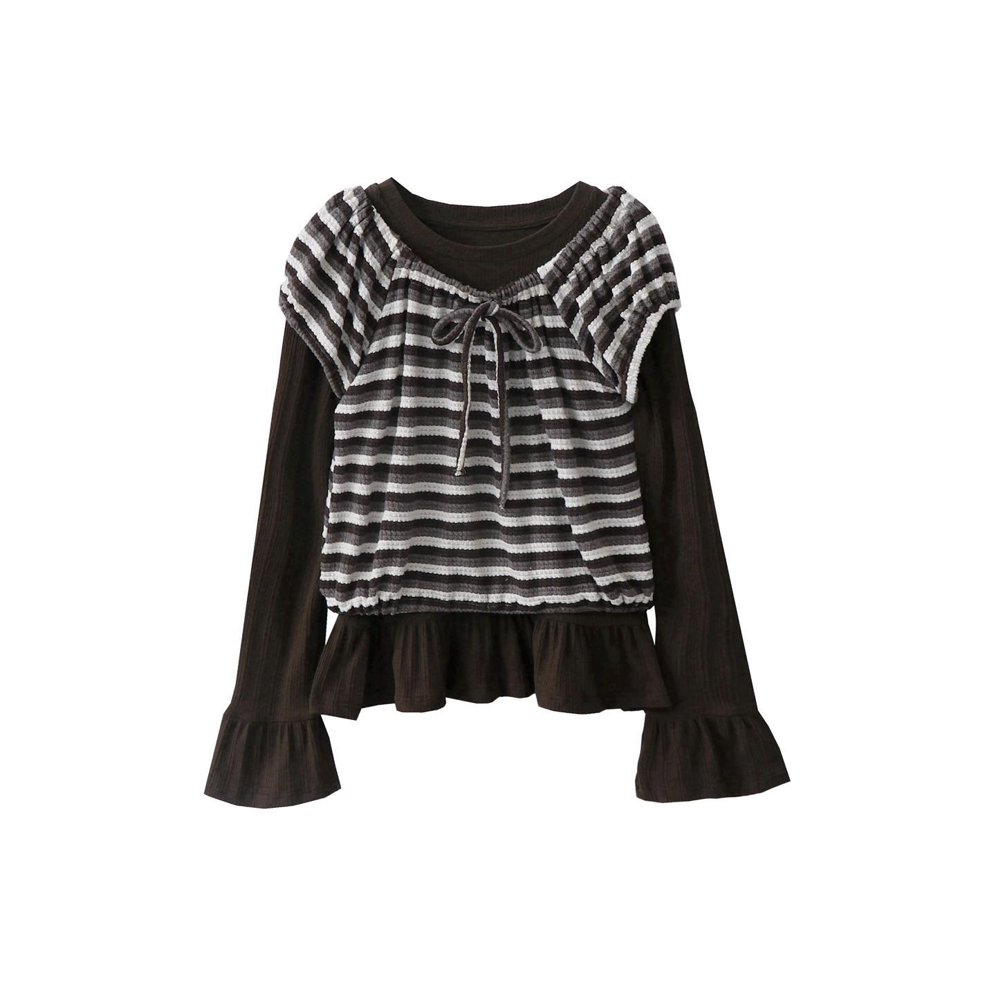 

Women s Retro Style Color Block Knit and Bell Sleeve T-Shirt Two-Piece Set One Size