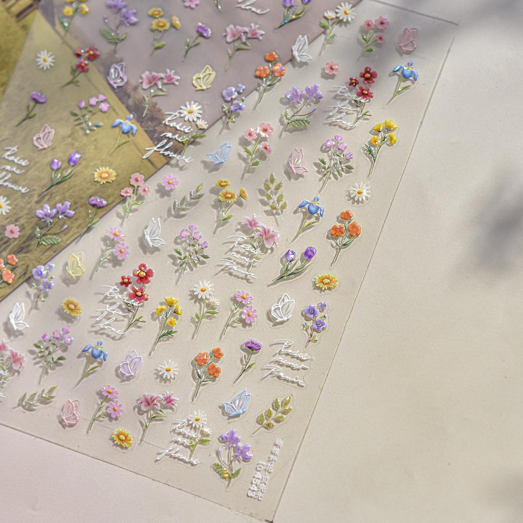 Charming Petal Flower Colorful Wildflowers Daisy Leaves 5D Relief Self Adhesive Nail Art Sticker Decoration Manicure Decal DIY