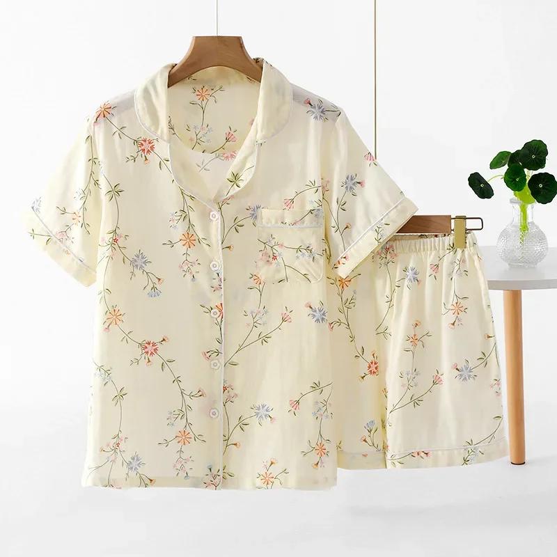 Summer Muslin Pajamas for Women Cardigan V-neck Short-sleeved Shorts 2pcs Sleepwear Floral Sweet Kimono Cotton Pajama