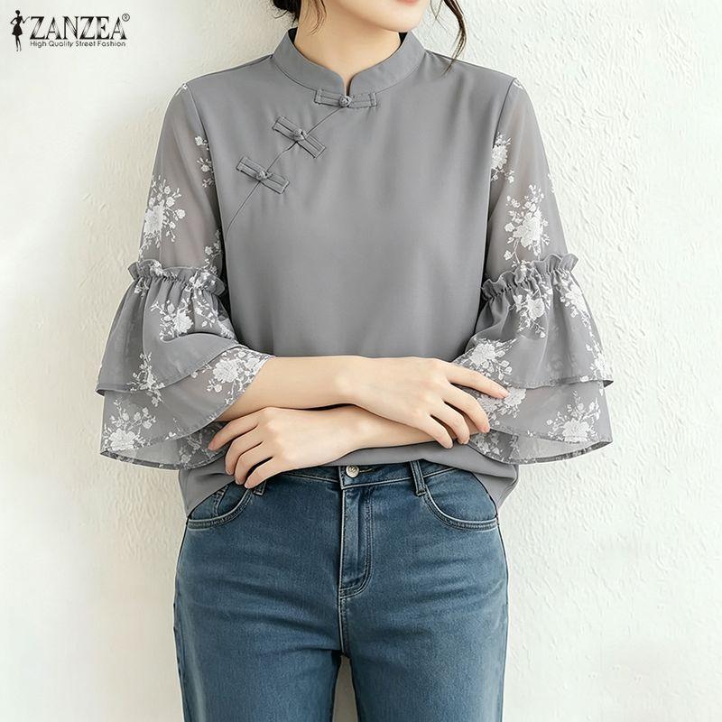 ZANZEA Women Casual Stand Collar Loose Print Splice 3/4 Sleeve Blouse