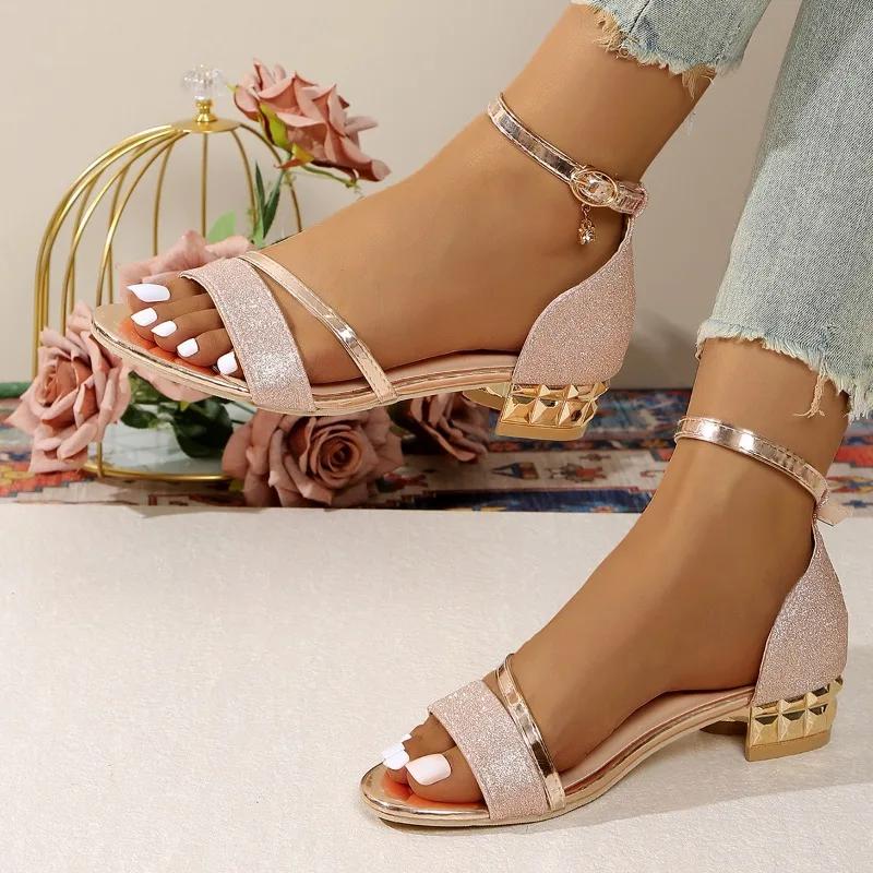 2025 Summer Plus Size Women's Modern Cover Heel Sandals Ankle Buckle Strap Shoes Bling Crystal Low Heel Dress Sandals
