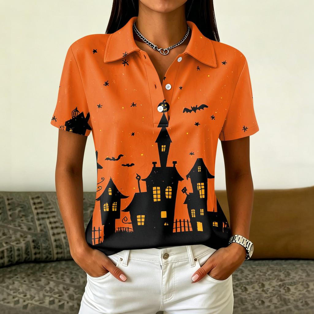 Women's Casual Button Short Sleeve Collar Top with Halloween Print