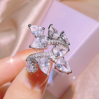 Super Flash Zircon Leaf Open Diamond Ring Design Sense Korean Light Luxury Trendy Ring