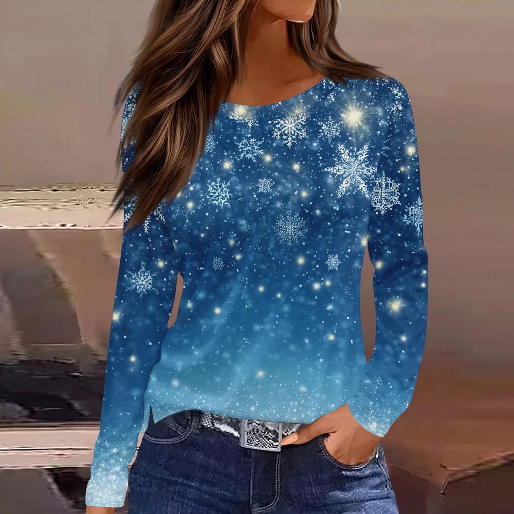 Women's Fashion Casual Slit Hem Round Neck Long Sleeve Loose Christmas Printed T-Shirt Ladies Top
