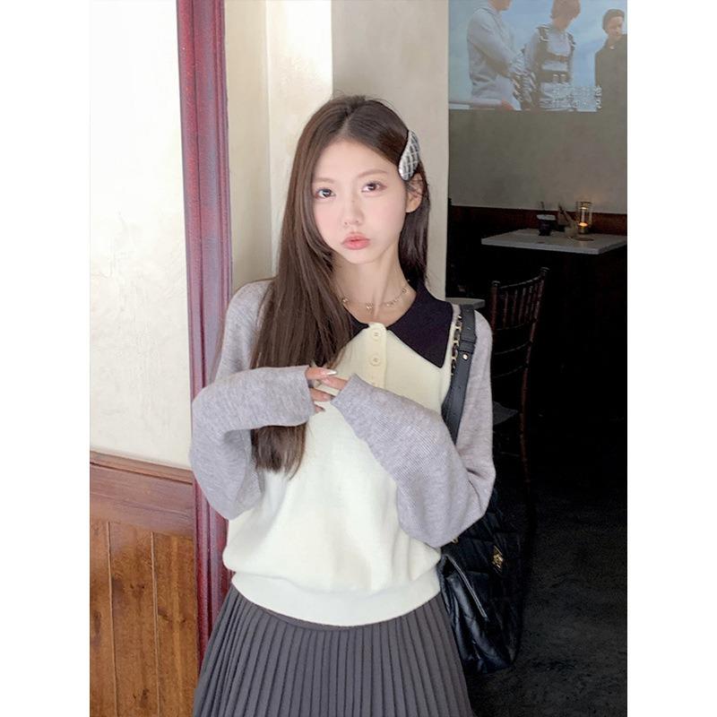 Contrasting Polo Neck Knitted Sweater Women's Spring Loose Age-reducing Inner Top Design Bottoming Shirt