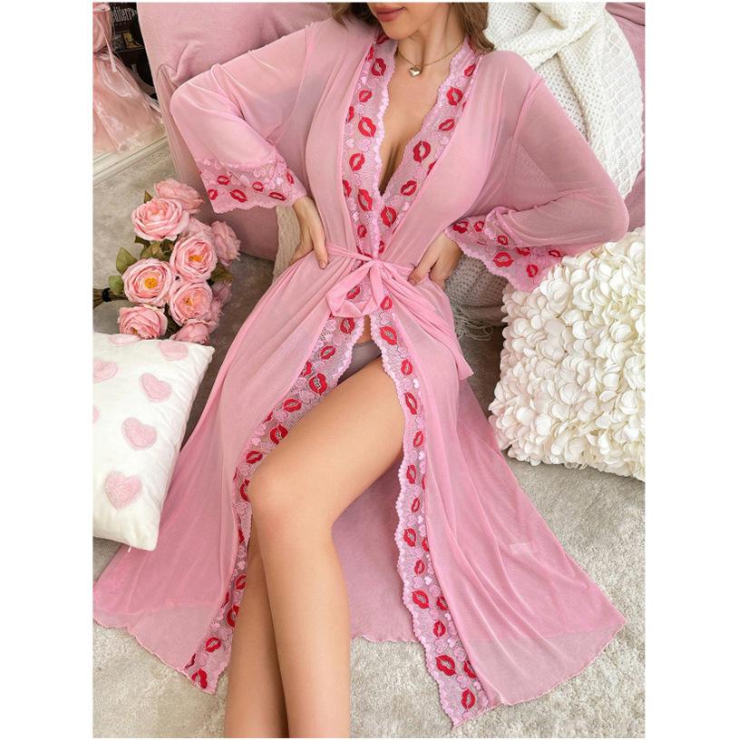 

New mesh lip printing wide-sleeved sexy split-ended dress in stock XXL рожевий