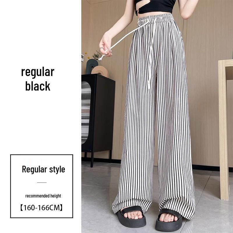 Women's High-Waisted Black & White Striped Wide-Leg Pants - Summer Casual Straight-Leg Trousers.