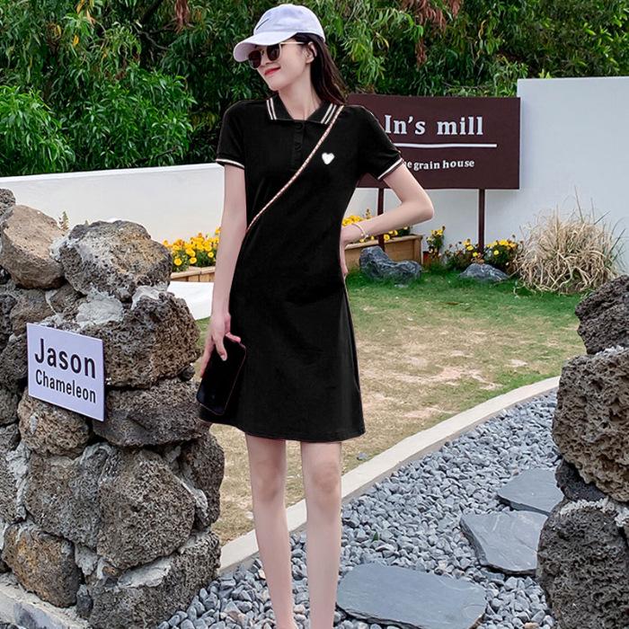 Petite Women s Summer Embroidered Heart Polo Dress with Bell Sleeve Midi Skirt 2XL чёрный