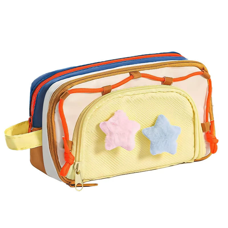 Cute Multi Layer Large Capacity Pencil Case for Kids Girl Five Point Star Stationery Organizer Students Portable Pen Bag