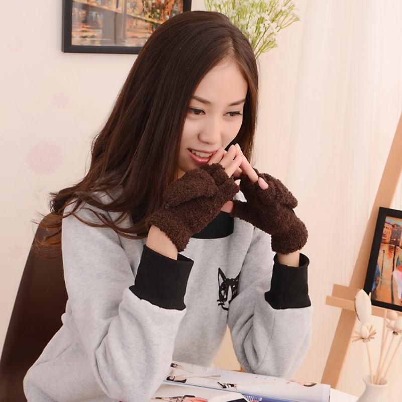 Niedliche Korallenfleece-Tau-Halbfinger-Klapp-Tastaturhandschuhe, Damen Herbst- und Winter-verdickte warme Plüschhandschuhe