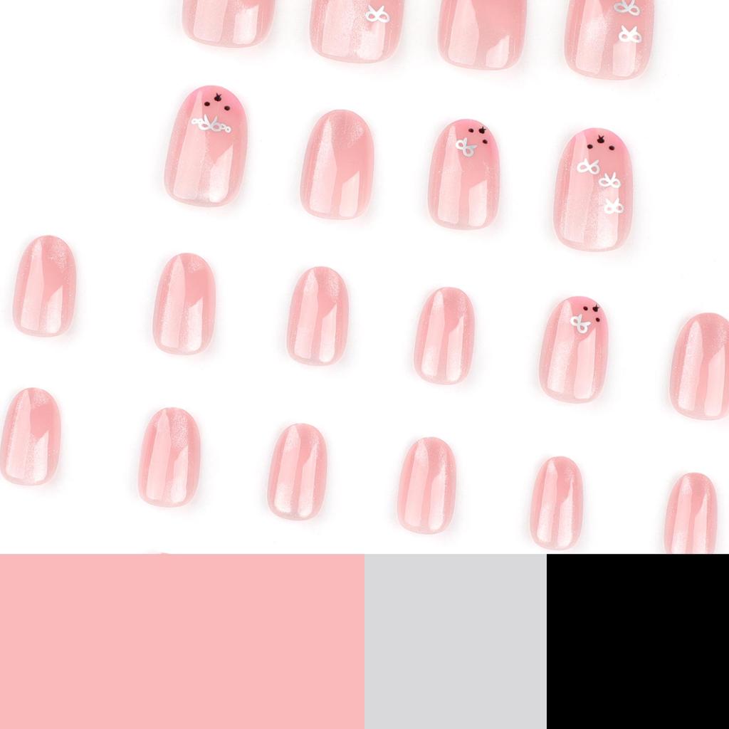 24-Piece Pink Cat Eye Press-On Nails with Bow Art