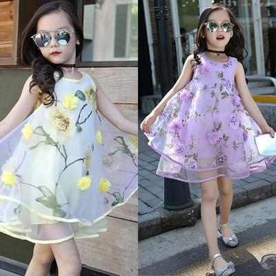Girls Chiffon Dress Summer Floral Dress Foreign Style Small Children Middle and Large Children Beach Dress Vest Long Skirt