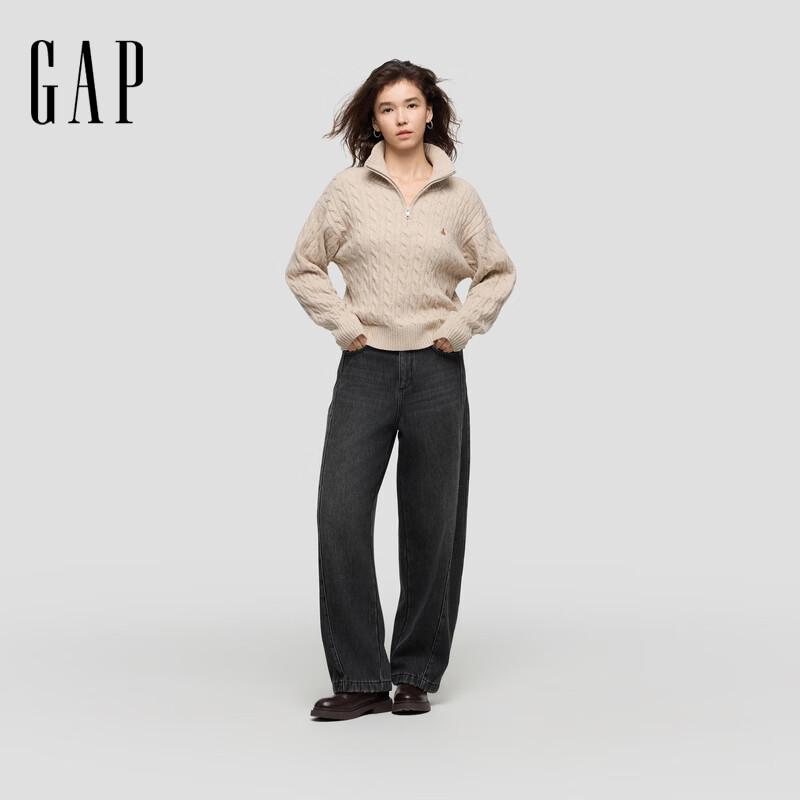 GAP Women's Bear Embroidery Zip Stand Collar Cable Knit Sweater