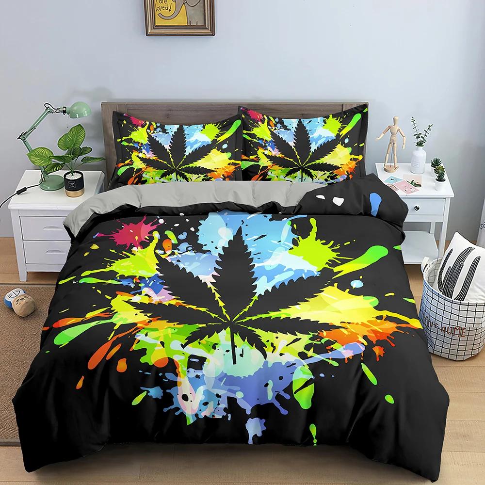 Maple Leaves King Queen Bedding Set Psychedelic Weed Leaf Duvet Cover Colorful Stripes 2/3Pcs Polyester Quilt Cover