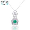 Lab Grown Emerald Bow Fat Square Shape 925 Silver Luxury Pendant Necklace for Women Anniversary Party Gift and Daily Wear