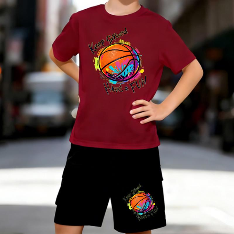Boys 2 Piece Basketball Themed Print Outfit, Short Sleeve T-Shirt and Shorts Set for Kids Age 5-14,Black and White Sporty Casual Summer Clothes