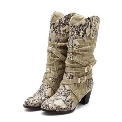 Scarpe da Donna in PU Stampa Serpente di Alta Qualità con Tacco Grosso Stivali Alti Invernali da Donna Moda Stampata Stivali Caldi Taglia Grande