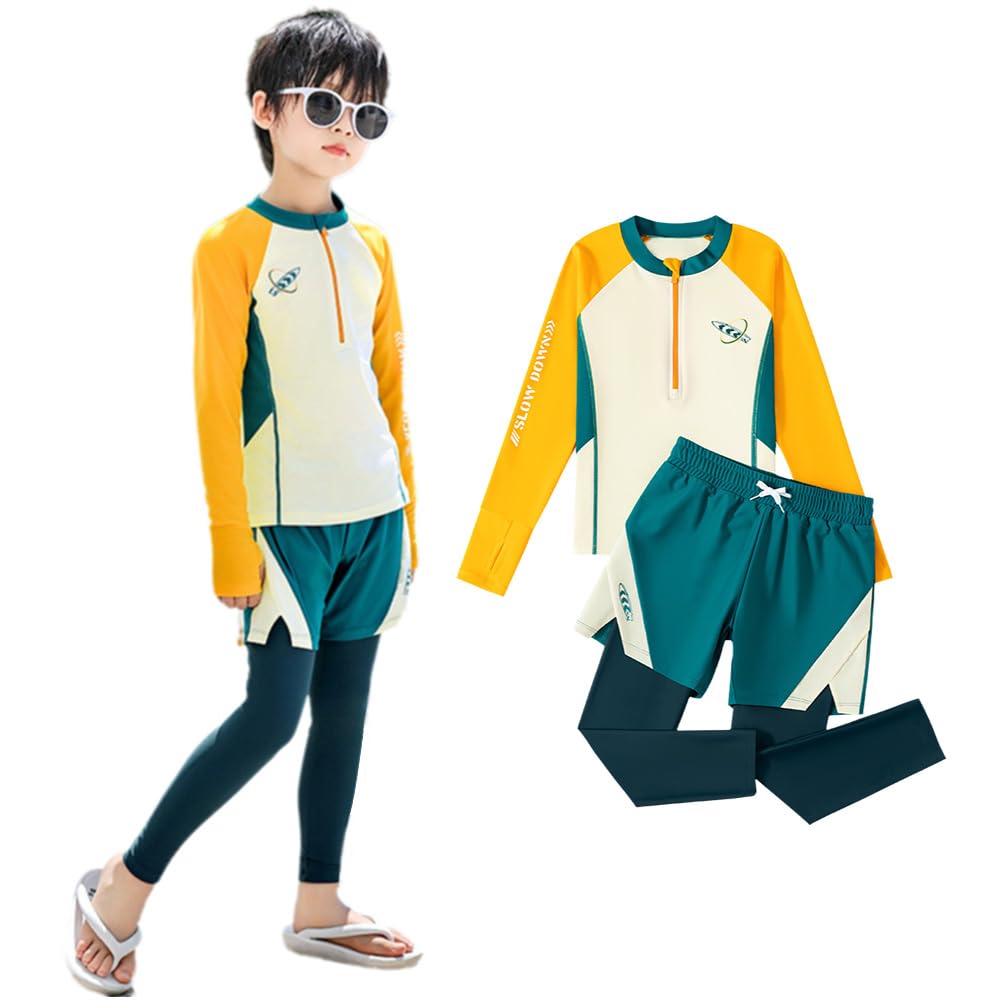 Boys Swimsuit Rashguard Set Top and Bottom UV Protection Kids Students Children Kids Long Sleeve Swimsuit Set Swimwear Swimming Cap Popular Swimming