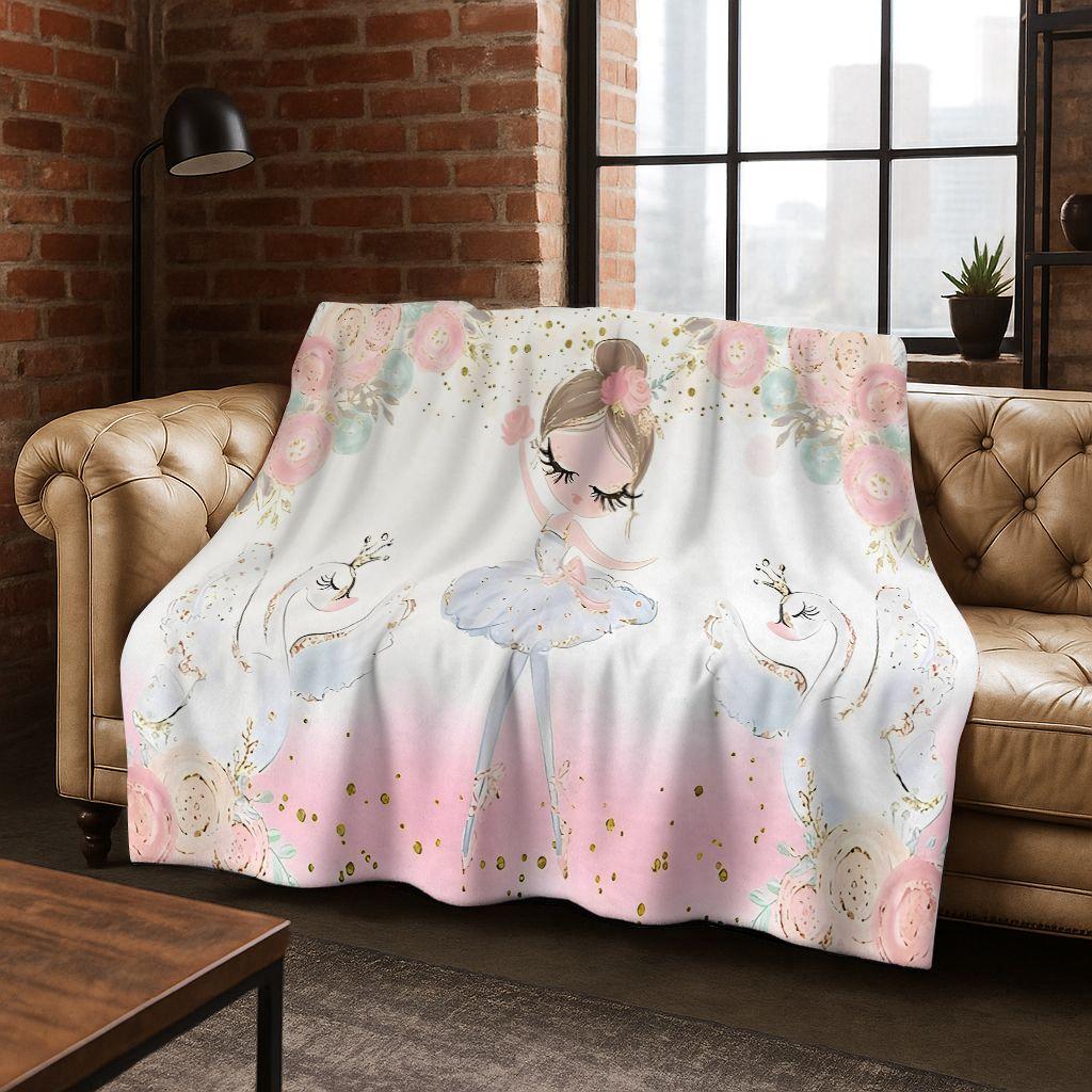 Elegant Ballet Dacing Girl Ballerina Cartoon Flannel Blanket,Cozy Soft Throw Blanket for Home Bedroom Bed Sofa Cover Gift Kids