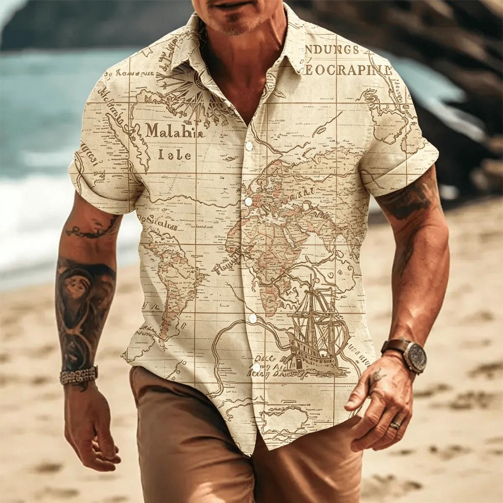 Koszula z krótkim rękawem i nadrukiem mapy pirackiej, Vintage Casual Essential